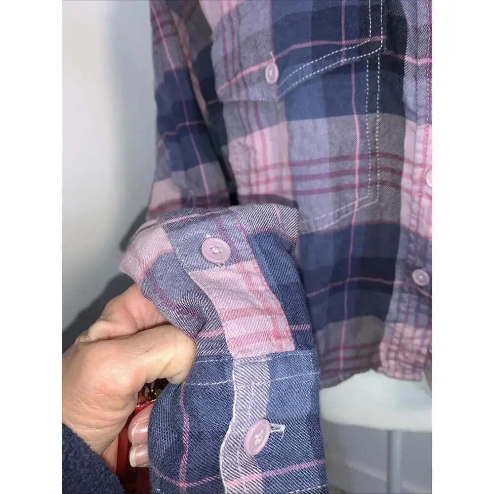 American Eagle Outfitters Cropped Flannel Shirt Sz Small Pink Blues - Picture 2 of 12